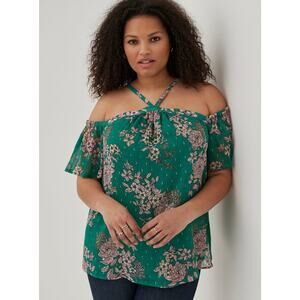 Torrid Green Floral Halter Top Womens Size 2X Crinkle Chiffon Cold Shoulder
